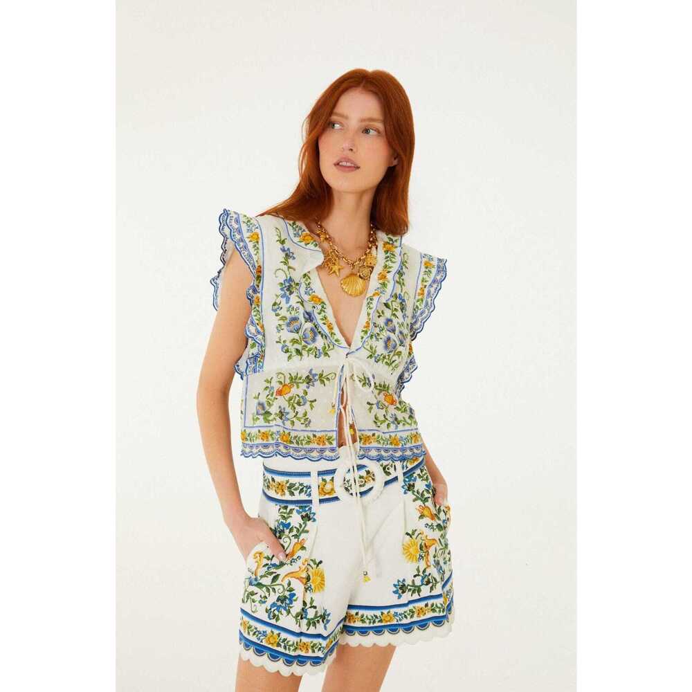 NWT FARM RIO Off-White Emily Floral Tapestry Belted Shorts